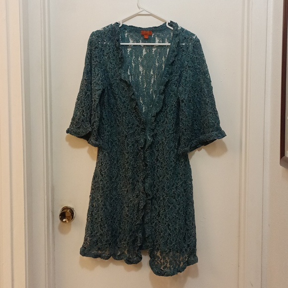 Scully Ladies BOHO Lace Flare Duster. Soft teal blue and gray. Gently used. - Picture 1 of 5